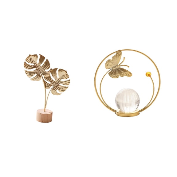 Leaf Sculpture Metal Statue Crystal Ball Ornament Iron Wood Material for Living Room Table Office Decor