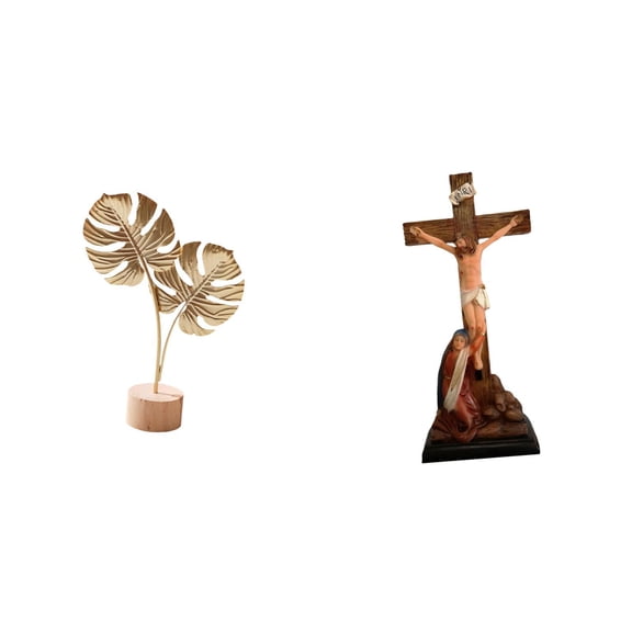 Leaf Sculpture Metal Statue Jesus Cross Figurine Resin Iron Wood Material Religious Collection Chapel Shelf Decor