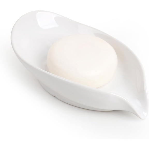Leaf Shape Ceramic Soap Holder, Self Draining Soap Dish with Drainage Design for Bathroom Sink and Kitchen