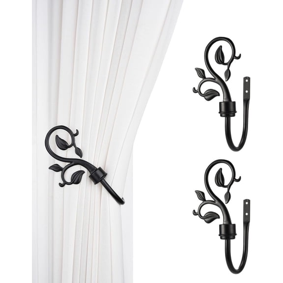 Leaf Shaped Curtain Holdbacks 2pcs, Handmade Metal Curtain Side Holders for Wall, Antique Brass Curtain Tieback Hook Pull Backs for Drapes Window Home Decoration (Black)