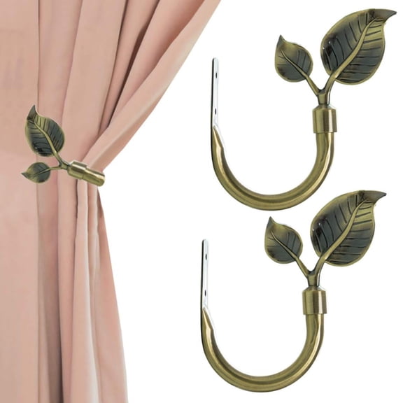 Leaf Shaped Curtain Holdbacks 2pcs, Handmade Metal Curtain Side Holders for Wall, Curtain Tieback Hook Pull Backs for Drapes Window Home Decoration (Antique Brass)