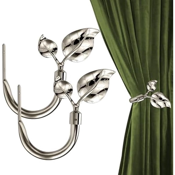 Leaf Shaped Curtain Holdbacks 2pcs, Handmade Metal Curtain Side Holders for Wall, Curtain Tieback Hook Pull Backs for Drapes Window Home Decoration (Nickel)