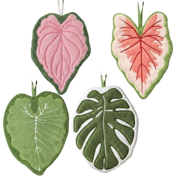 Leaf Shaped Hand Towel with Hanging Loop, 2 Pack Monstera Leaf Cute Green Plant Pattern Coral Fleece Finger Towels, Soft and Lint-Free Decorative Hand Towel for Kitchen Bathroom (Multicolor-4pcs)