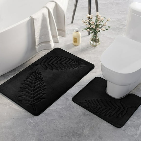 Leaf-Shaped Non-Slip Floor Mat Set,Water Absorbent Bathroom Door Rug for Toilet Living Room Bedroom Kitchen,Quick Dry Anti-Skid Durable Polyester Rubber Backing,Enhances Home Decor Safety Use-Black