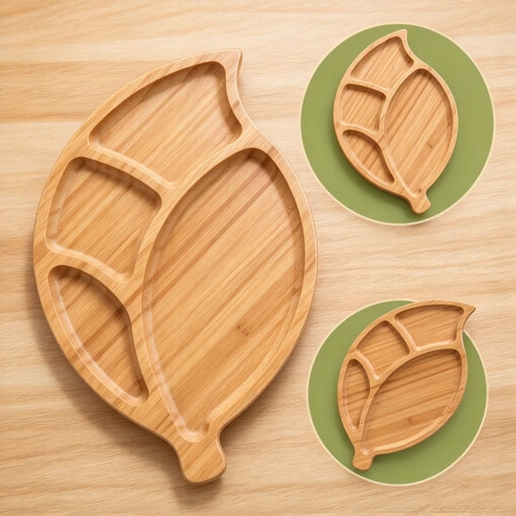 Leaf Shaped Wood Divided Tray, Wooden Serving Platter for Snacks, Desserts & Appetizers, Table Decor for Home Gatherings (Leaf-shaped)