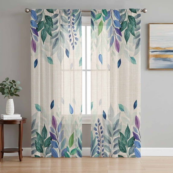 Leaf Sheer Curtains 63 Inch Length 2 Panels Set, Vintage Blue Green Purple Ombre Fruit Plant Voile Window Treatment Rod Pocket Curtains Sheers Drapes for Bedroom/Living Room/Kitchen 52x"63"x2