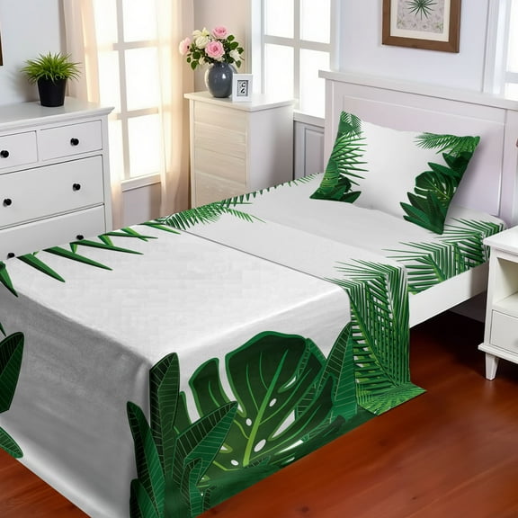 Ambesonne Hawaiian Fitted & Top Sheet Set with Sham, Tropical Exotic Palms, Green White