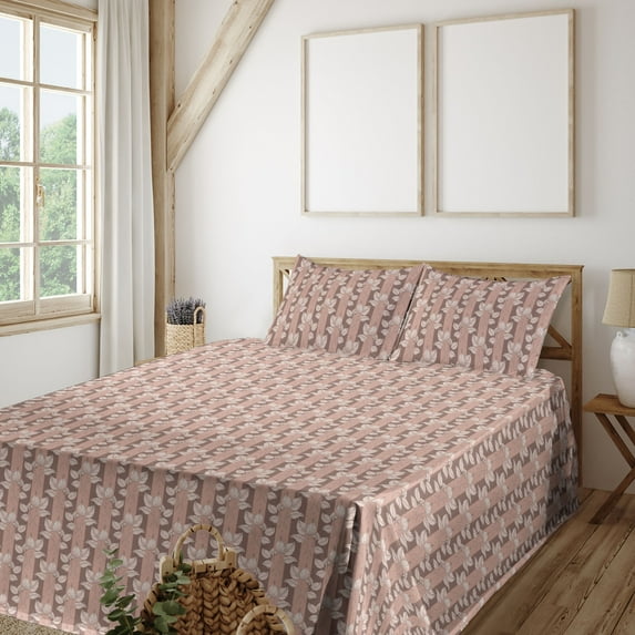 Ambesonne Leaf Fitted & Flat Sheet with Sham 3 Pcs Set, Leaves of Forest Pastel Tones, Twin XL, Blush Pale Mauve Taupe