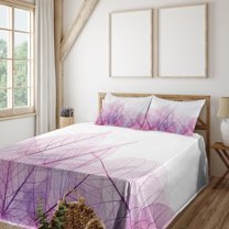 Ambesonne Flower Fitted & Top Sheet Set with Shams, Spring Time Fantasy, Pink Purple