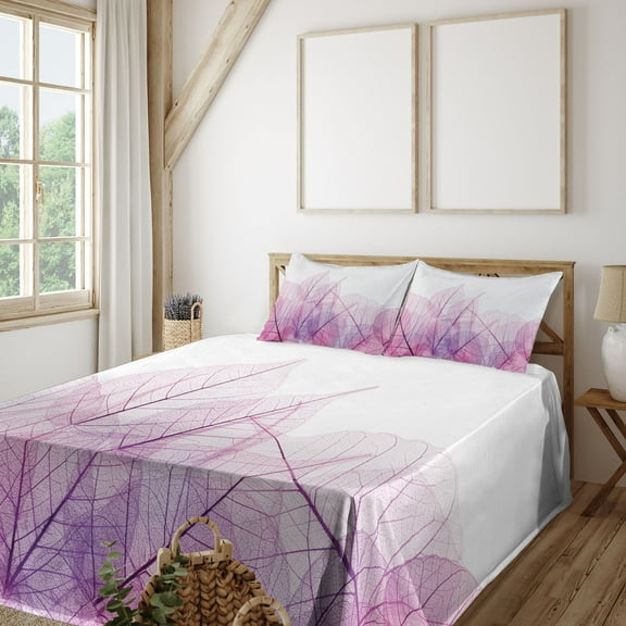 Ambesonne Flower Fitted & Top Sheet Set with Shams, Spring Time Fantasy, Pink Purple