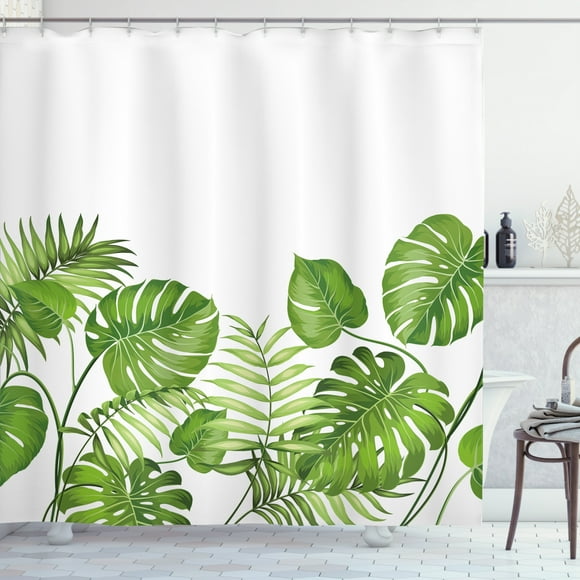 Leaf Shower Curtain, Nature Jungle Forest Rainforest Inspired Leaves Plant Foliage Swirls Botanic Image, Fabric Bathroom Set with Hooks, 69W X 70L Inches, Light Green, by Ambesonne