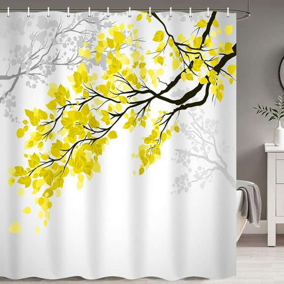 Leaf Shower Curtain, Yellow and Grey Leaves Tree Branch Art Printing, Polyester Fabric Bath Curtain for Bathroom, 69X70 inches, Bath Accessories 12 Hooks Included