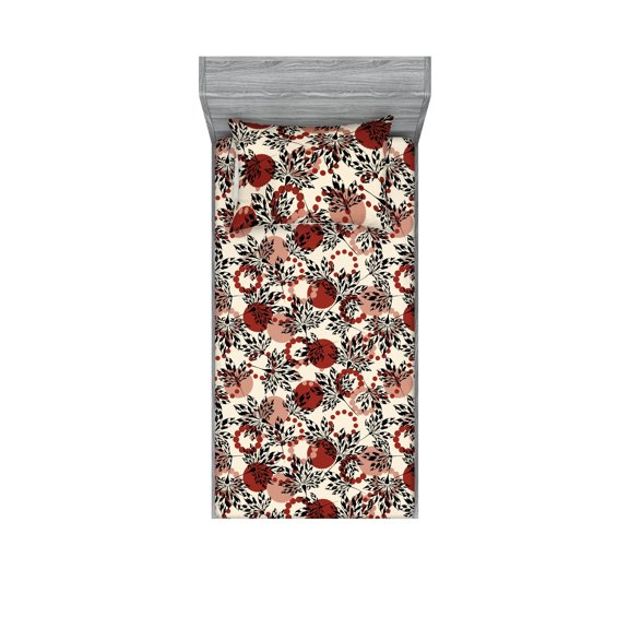 Leaf Silhouettes Fitted Sheet & Pillow Sham Set, Modern Design Simple Leaves Pattern on Spotted Backdrop, Decorative Printed 2 Piece Bedding Decor, Twin, Raspberry Cream and Pale Ruby, by Ambesonne