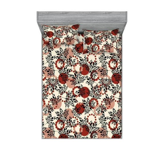 Leaf Silhouettes Fitted Sheet & Pillow Sham Set, Modern Design Simple Leaves Pattern on Spotted Backdrop, Decorative Printed 3 Piece Bedding Decor, Calking, Raspberry Cream and Pale Ruby, by Ambesonne