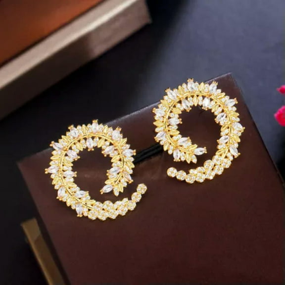 Leaf Silver Plated Cubic Zirconia Big Earrings Lady Pageant Jewelry Accessories