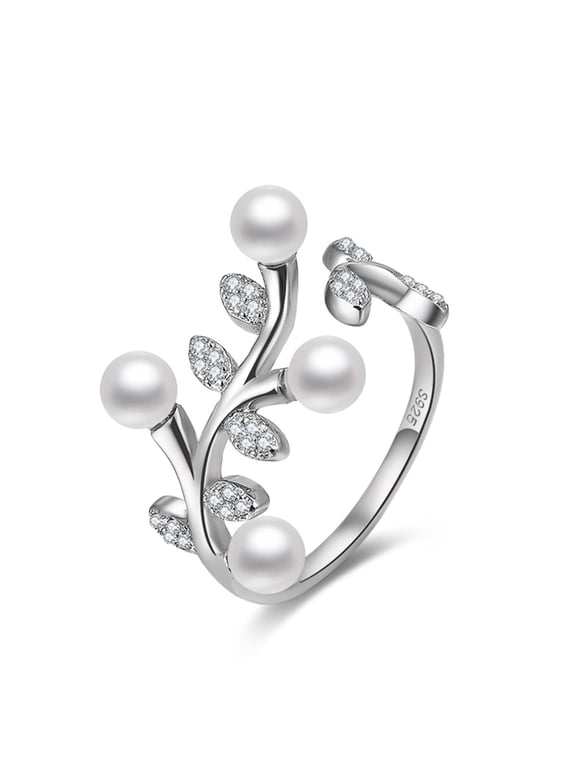 Leaf Simulated Pearl Adjustable Wrap Ring for Women 925 Sterling Silver Ginger Lyne Collection