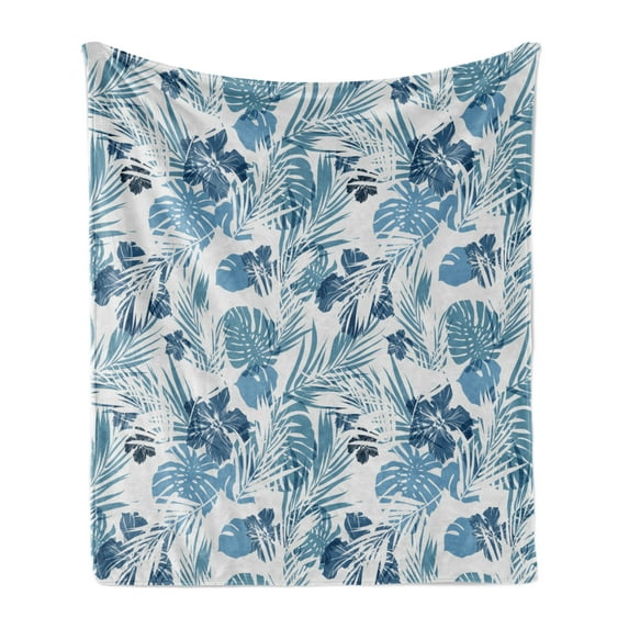 Leaf Soft Flannel Fleece Blanket, Island Ocean Beach Sea Inspired Hawaiian Flowers Palm Tree Leaves Art Print, Cozy Plush for Indoor and Outdoor Use, 60" x 80", Dark Blue and Lilac, by Ambesonne