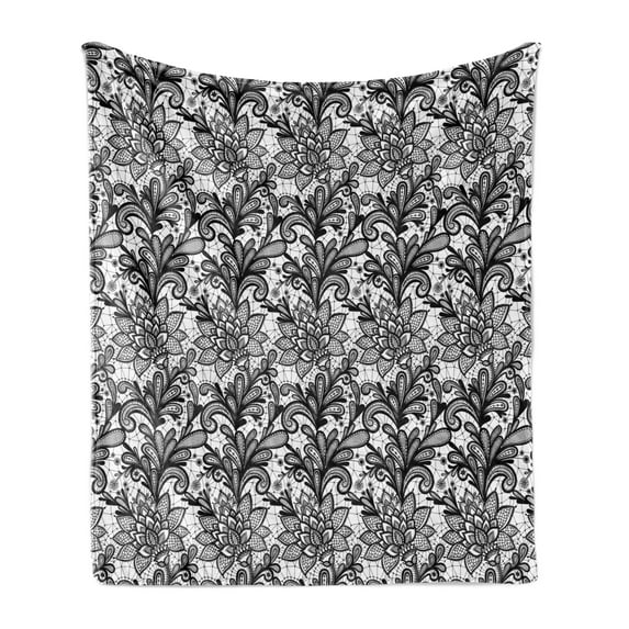 Leaf Soft Flannel Fleece Blanket, Lace Style Graphic Ornament in Black and White Vintage Style Design with Gothic Look, Cozy Plush for Indoor and Outdoor Use, 60" x 80", Black White, by Ambesonne