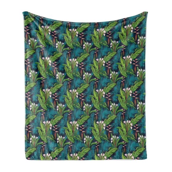 Leaf Soft Flannel Fleece Blanket, Tropical Jungle Palm Tree Banana Leaves Frangipani Heliconia on a Dark Blue Background, Cozy Plush for Indoor and Outdoor Use, 60" x 80", Multicolor, by Ambesonne