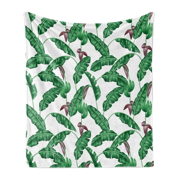 Leaf Soft Flannel Fleece Throw Blanket, Banana Tree Leaves with Princess Flower Summer Season Foliage, Cozy Plush for Indoor and Outdoor Use, 60" x 80", Hunter Green Eggplant, by Ambesonne