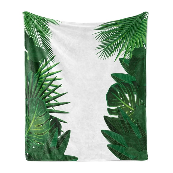 Leaf Soft Flannel Fleece Throw Blanket, Exotic Fantasy Hawaiian Tropical Palm Leaves Floral Graphic Artwork Print, Cozy Plush for Indoor and Outdoor Use, 50" x 60", Green White, by Ambesonne