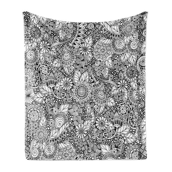 Leaf Soft Flannel Fleece Throw Blanket, Floral Arrangement with Variety of Flowers in Black and White Simple Artwork Print, Cozy Plush for Indoor and Outdoor Use, 50" x 70", Black White, by Ambesonne