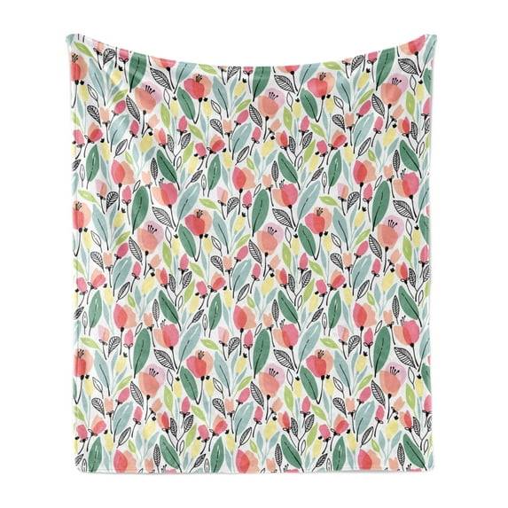 Leaf Soft Flannel Fleece Throw Blanket, Floral Pattern with Poppies in Hand Painted Style Spring Nature Inspired Blossoms, Cozy Plush for Indoor and Outdoor Use, 70" x 90", Multicolor, by Ambesonne
