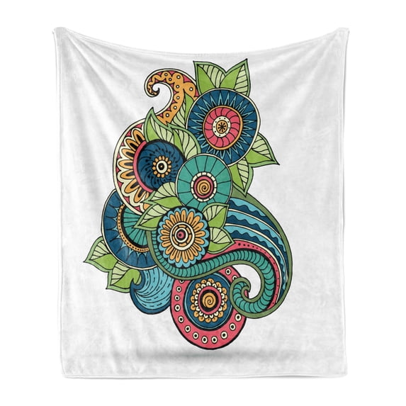 Leaf Soft Flannel Fleece Throw Blanket, Floral Zentangle Pattern with Vibrant Colors Paisley Doodle Colorful, Cozy Plush for Indoor and Outdoor Use, 70" x 90", Multicolor, by Ambesonne