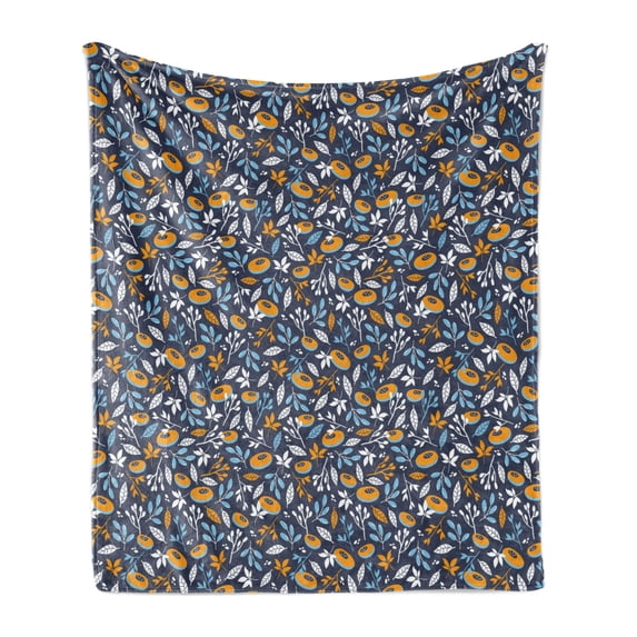 Leaf Soft Flannel Fleece Throw Blanket, Hand Drawn Flowering Branches with Abstract Spring Composition on Dark Backdrop, Cozy Plush for Indoor and Outdoor Use, 50" x 60", Multicolor, by Ambesonne