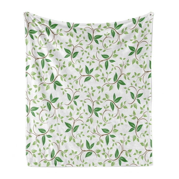 Leaf Soft Flannel Fleece Throw Blanket, Ivy Patterns with Tiny Green Leaves Branches Creme Contemporary Illustration, Cozy Plush for Indoor and Outdoor Use, 50" x 60", Green Brown, by Ambesonne