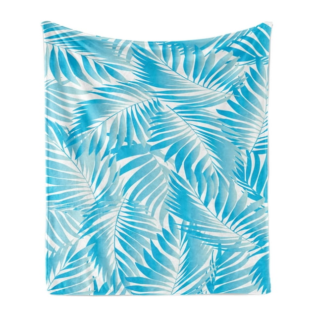 Leaf Soft Flannel Fleece Throw Blanket, Miami Tropical Aquatic Palm Leaves Exotic Colors Modern Summer Beach, Cozy Plush for Indoor and Outdoor Use, 50" x 70", Turquoise Aqua Blue, by Ambesonne