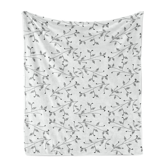 Leaf Soft Flannel Fleece Throw Blanket, Monochrome Minimalist Simple Leaf Pattern with Branch Eco Plants Modern Style, Cozy Plush for Indoor and Outdoor Use, 50" x 60", Grey White, by Ambesonne