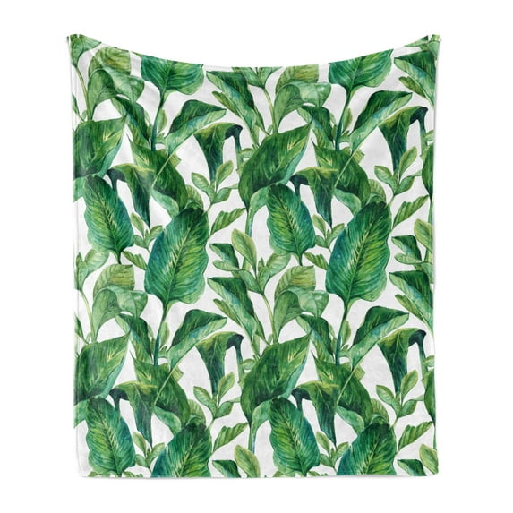 Leaf Soft Flannel Fleece Throw Blanket, Romantic Holiday Island Hawaiian Banana Trees Watercolored Image, Cozy Plush for Indoor and Outdoor Use, 60" x 80", Forest Green Dark Green, by Ambesonne
