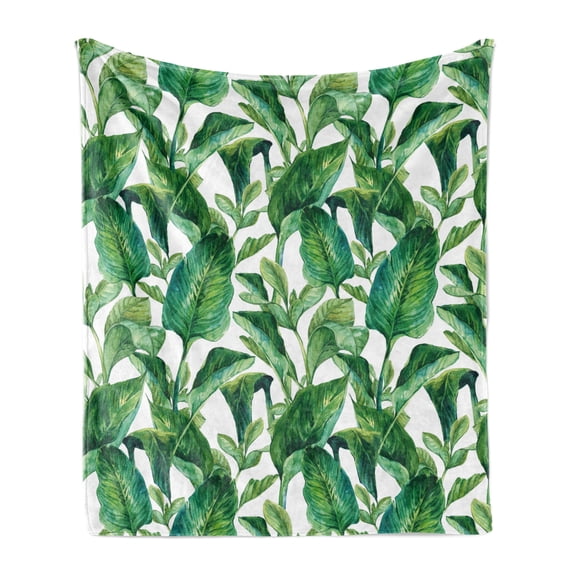 Leaf Soft Flannel Fleece Throw Blanket, Romantic Holiday Island Hawaiian Banana Trees Watercolored Image, Cozy Plush for Indoor and Outdoor Use, 70" x 90", Forest Green Dark Green, by Ambesonne