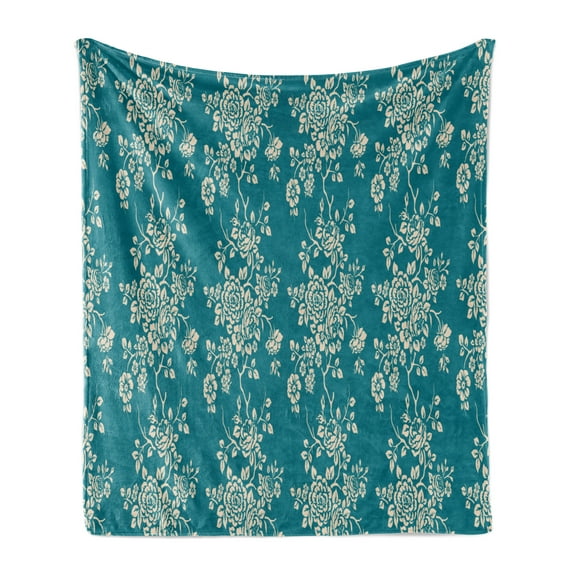 Leaf Soft Flannel Fleece Throw Blanket, Romantic Roses on Blossoming Branches in Abstract Style Old Fashioned Bouquet Art, Cozy Plush for Indoor and Outdoor Use, 50" x 60", Teal Beige, by Ambesonne