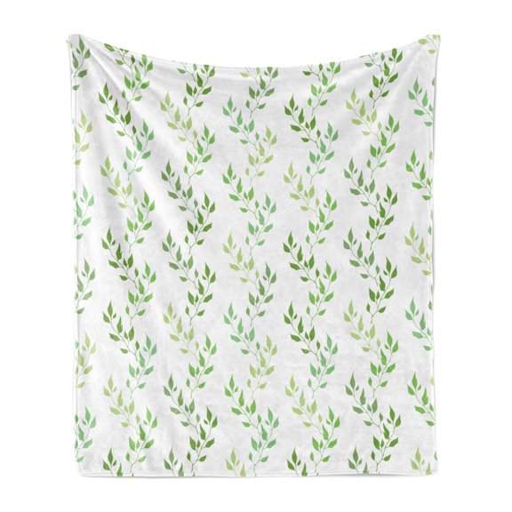 Leaf Soft Flannel Fleece Throw Blanket, Symmetrical Olive Leaves and Wavy Branches with Patterns Classical Illustration, Cozy Plush for Indoor and Outdoor Use, 60" x 80", Green, by Ambesonne