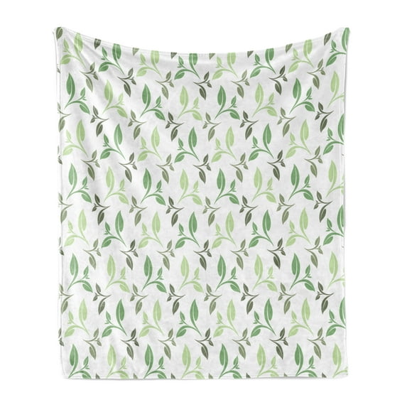 Leaf Soft Flannel Fleece Throw Blanket, Tea Leaves with Ornamental Vintage Design Soft Faded Colors Artwork Print, Cozy Plush for Indoor and Outdoor Use, 50" x 60", Green Army Green, by Ambesonne