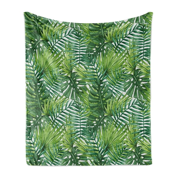 Leaf Soft Flannel Fleece Throw Blanket, Tropical Exotic Banana Forest Palm Tree Leaves Watercolor Design Image, Cozy Plush for Indoor and Outdoor Use, 50" x 70", Pale Green Dark Green, by Ambesonne