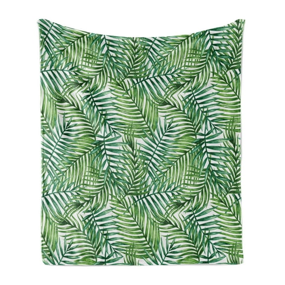 Leaf Soft Flannel Fleece Throw Blanket, Watercolor Print Botanical Wild Palm Trees Leaves Ombre Design Image Exotic Jungle, Cozy Plush for Indoor and Outdoor Use, 50" x 60", Green White, by Ambesonne