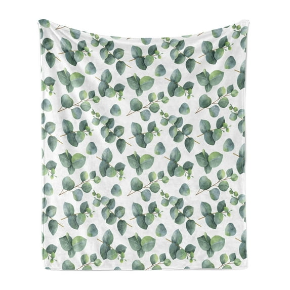Leaf Soft Flannel Fleece Throw Blanket, Watercolor Style Pattern Dollar Eucalyptus Leaves and Branches, Cozy Plush for Indoor and Outdoor Use, 50" x 70", Green Pale Brown White, by Ambesonne