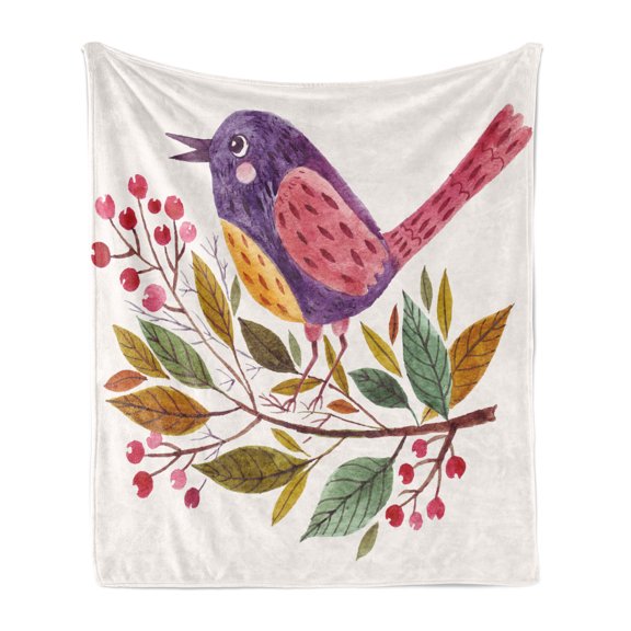 Leaf Soft Flannel Fleece Throw Blanket, Watercolor Styled Effect a Bird Sitting on Branch Leaves Print, Cozy Plush for Indoor and Outdoor Use, 50" x 70", Purple Fern Green, by Ambesonne