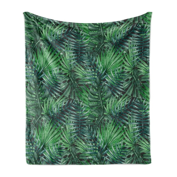 Leaf Soft Flannel Fleece Throw Blanket, Watercolored Old Design Print of Palm Tropic Exotic Forest Leaves, Cozy Plush for Indoor and Outdoor Use, 70" x 90", Forest Green Dark Green, by Ambesonne