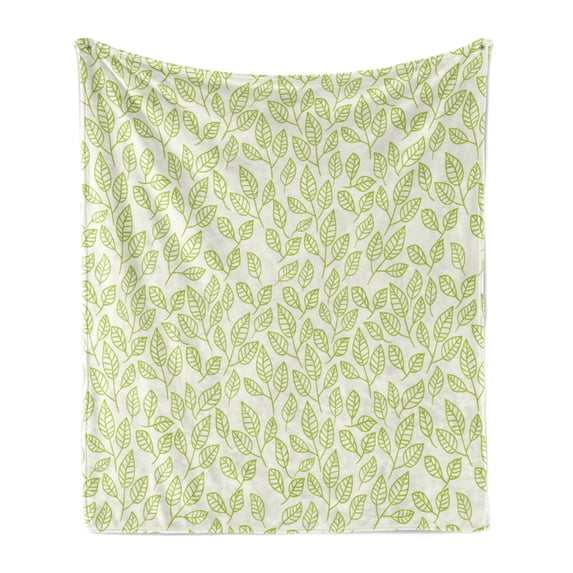 Leaf Soft Flannel Fleece Throw Blanket, Watercolors Green Tea Leaves and Branches Lines and Patterns Contemporary Artwork, Cozy Plush for Indoor and Outdoor Use, 60" x 80", Green Ecru, by Ambesonne