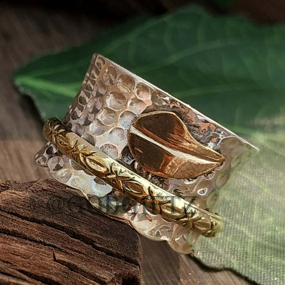 Leaf Spinner Ring, 925 Sterling Silver Ring for Women, Nature Ring, Wide Band Fidget Ring, Leaf Silver Ring, Silver Jewelry, Handmade Ring