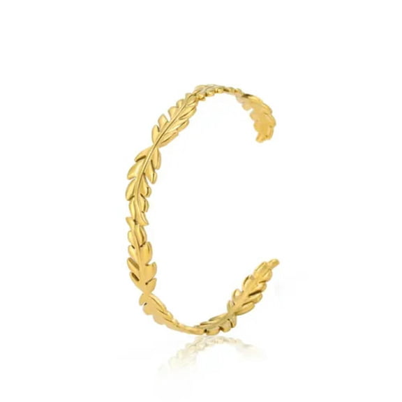 Leaf Stainless Steel Bracelet Wheat Braided Style Wide Open Cuff Bangle