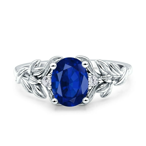 Leaf Style Oval Vintage Ring Simulated Blue Sapphire CZ 925 Sterling Silver