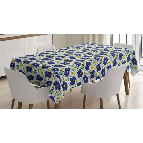 Leaf Tablecloth, Brush Stroke Stripes with Flower Arrangement Sketch Illustration, Rectangle Satin Table Cover Accent for Dining Room and Kitchen, 60" X 90", Mint Green Navy Blue, by Ambesonne