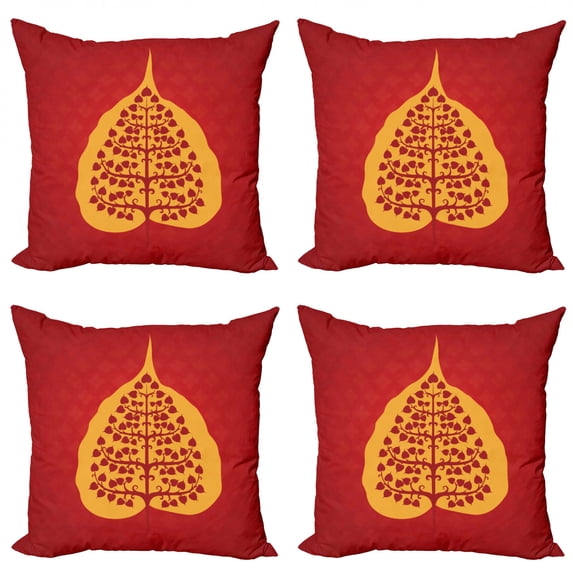 Ambesonne Leaf Throw Pillow Cover 4 Pack, Tree Yoga Theme Nature Form, 20", Vermilion Marigold