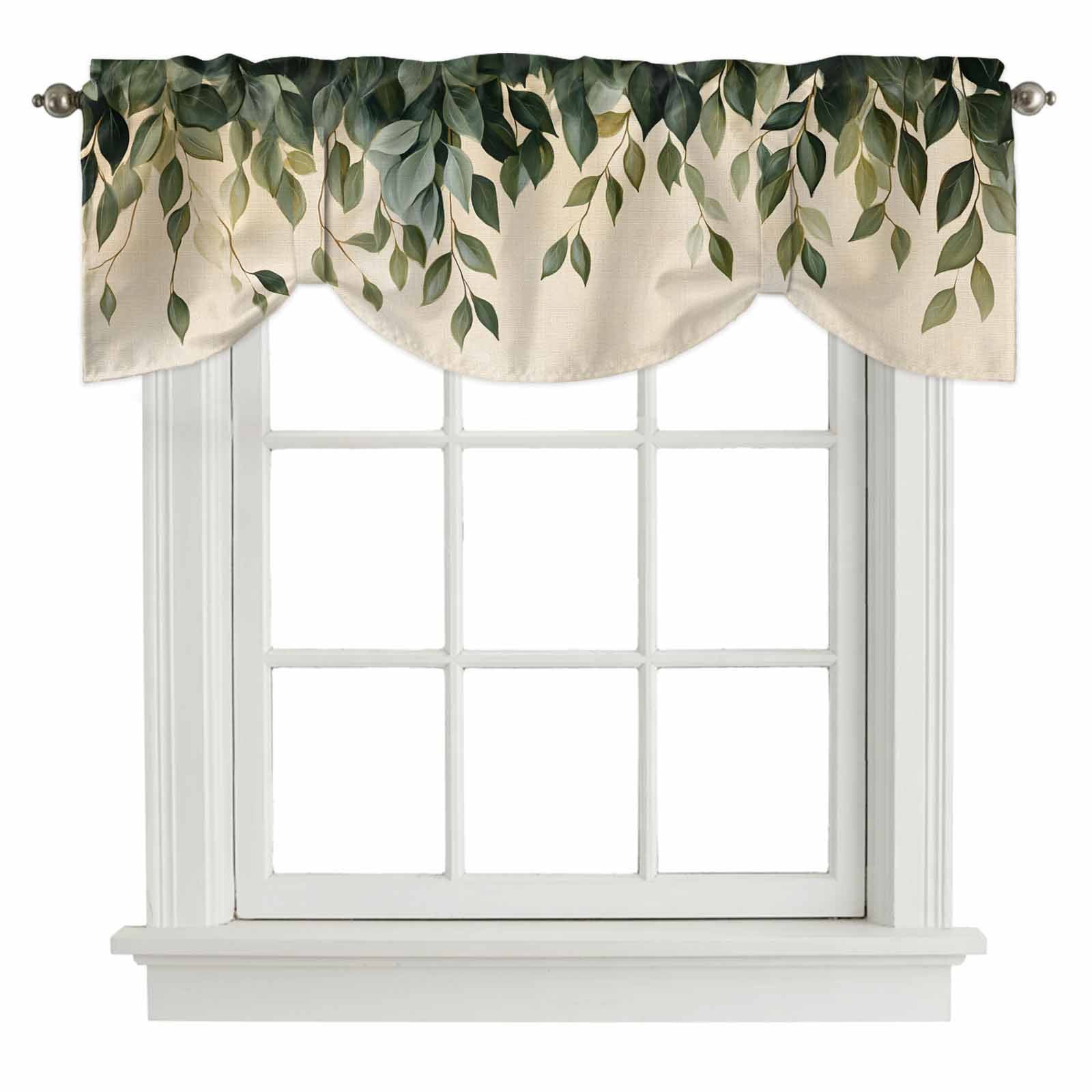 Leaf Tie Up Valance for Windows, Vintage Spring Dark Green Leaves Branch Plant Linen Texture Adjustable Rod Pocket Tie Up Valance Curtains Window Treatment for Kitchen Bathroom Bedroom 54 X 18 Inch