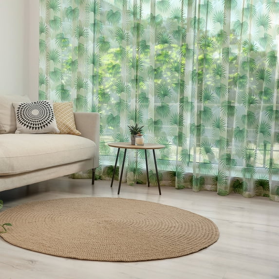 Leaf Tulle Curtains with Rod Pocket, Tropical Leaf of Palm Tree Livistona Rotundifolia Island Jungle Foliage, Sheer Drape for Wedding Party 2 Panels, 7 Sizes, Green Pale Green White, by Ambesonne